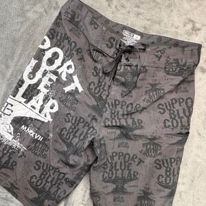 Troll Co. Board Shorts Support Blue Collar Graphic Print‎ Swim Trunks 32